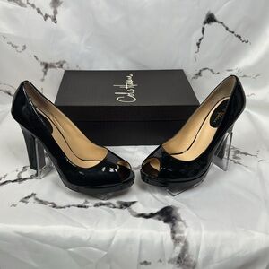 Cole Haan Tonya Platform Heels Black Patent Leather Peep Toe Leather Sole